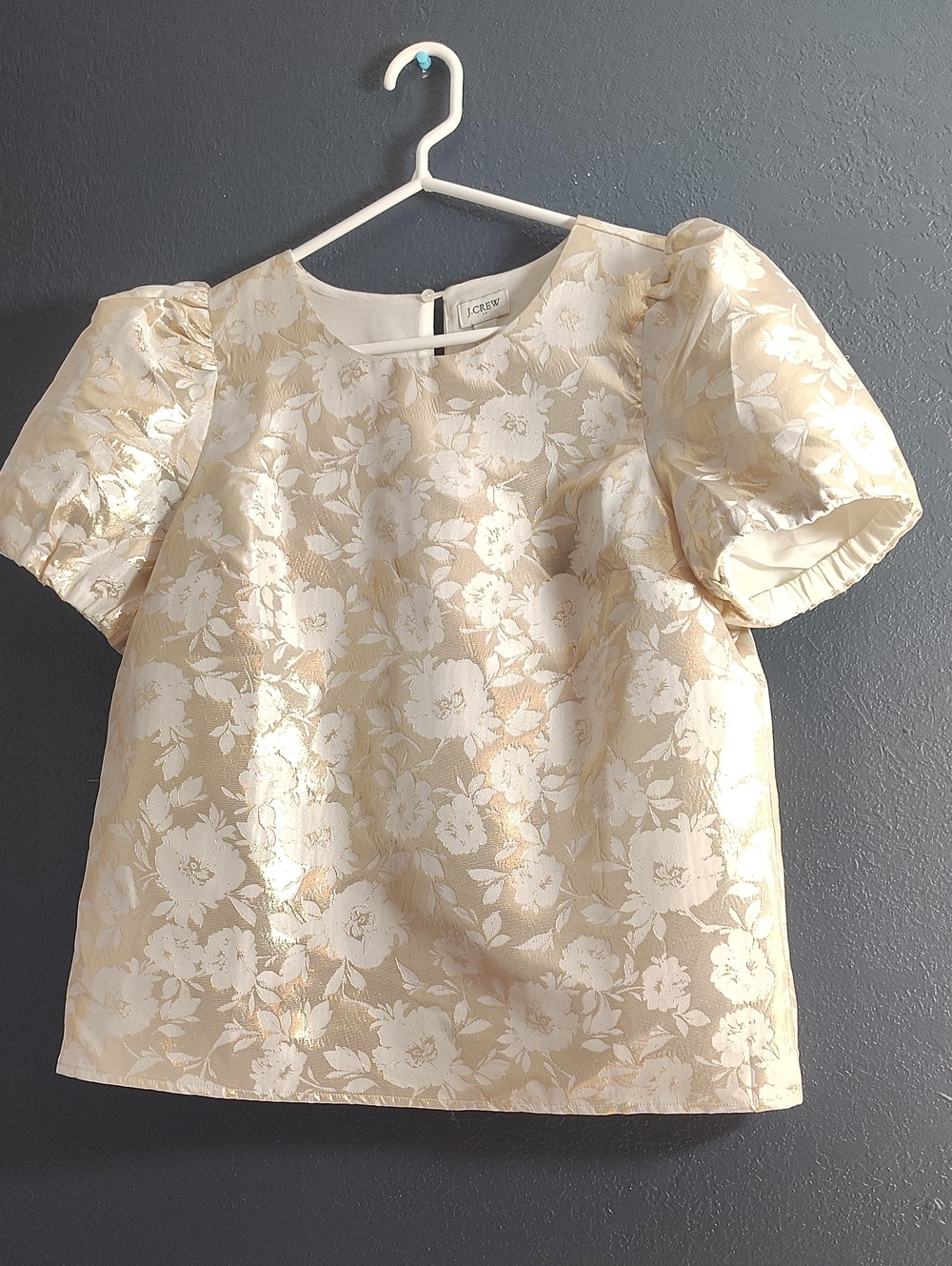 J. Crew Cream and Gold Floral Puff-Sleeve Blouse Size Small